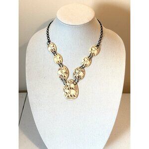 Handcrafted Bohemian Carved Bone Beaded Elephant Pendant Necklace With Black Cha